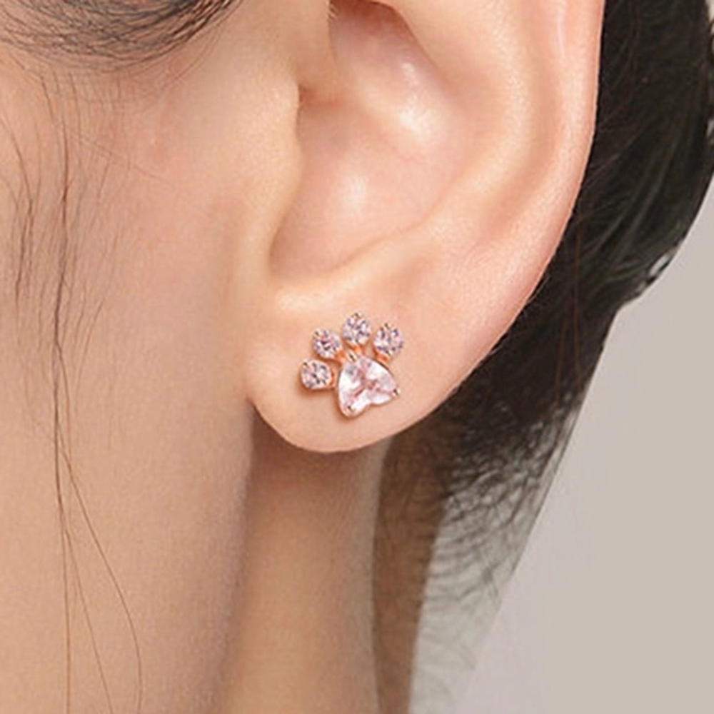 Paw Print CZ Rose Gold Animal Pet Love Earrings - Picture 3 of 9